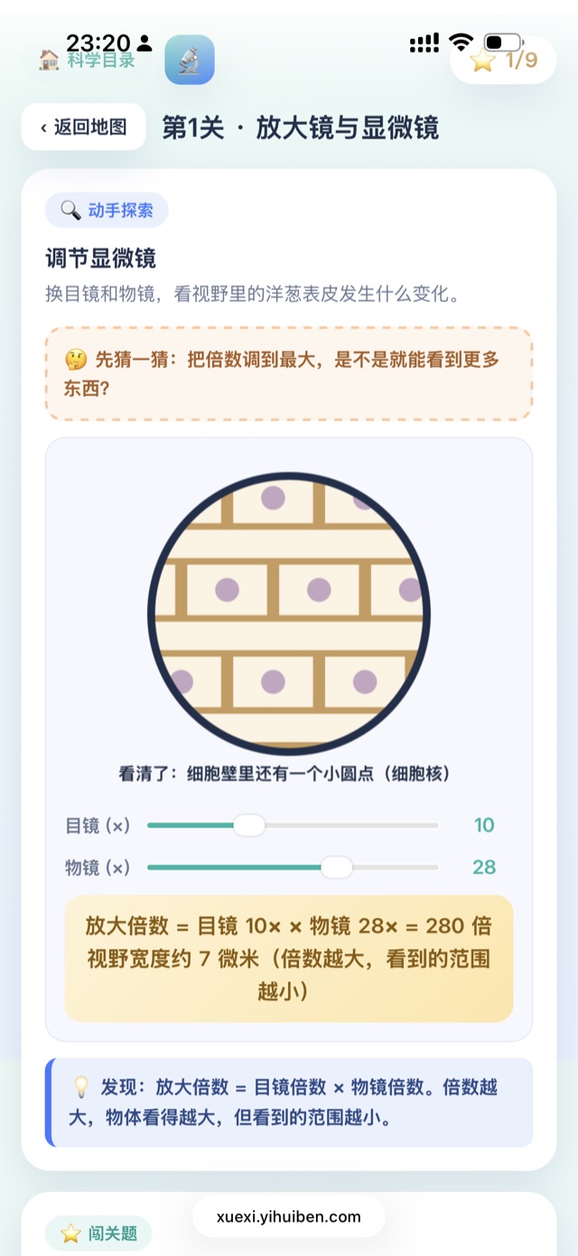 科学互动关卡:放大镜与显微镜,调目镜物镜看洋葱表皮细胞的变化